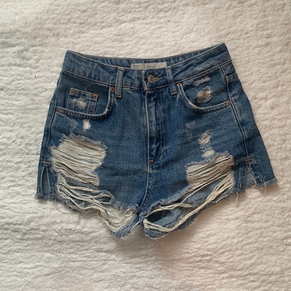 TOPSHOP high waisted distressed denim shorts